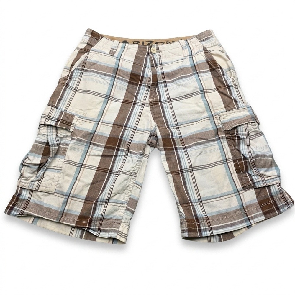 Arizona Jean Co Mens Cargo Shorts Size 32 Plaid Brown Blue 100% Cotton